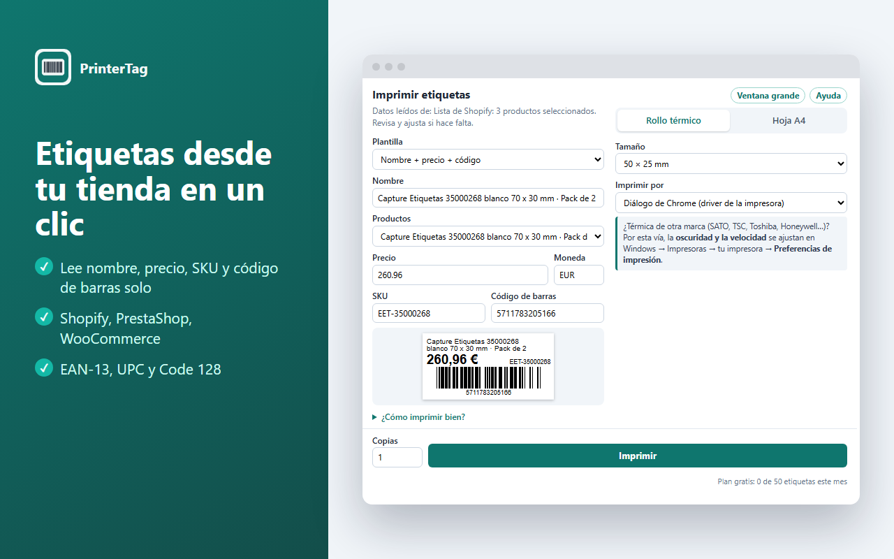 PrinterTag reading a Shopify product and showing a price and barcode label preview